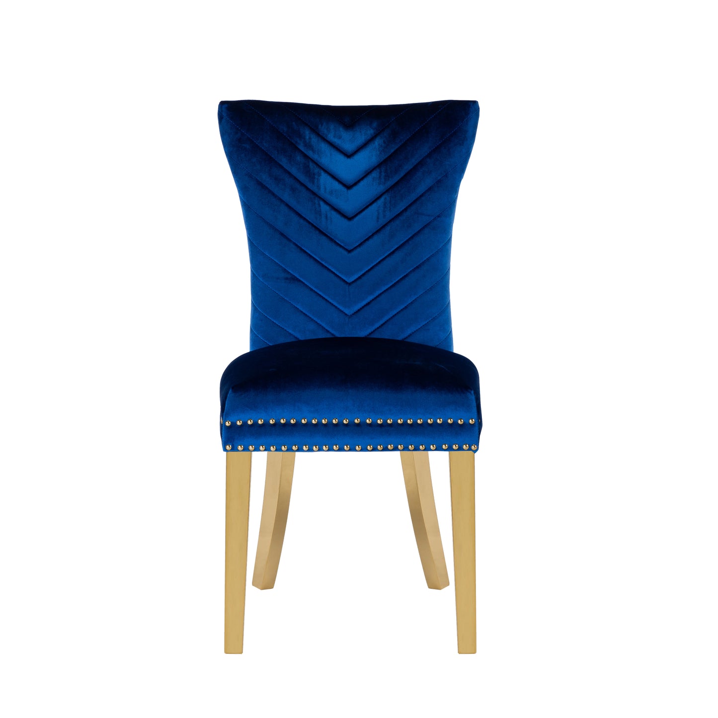 Plush royal blue velvet dining chair with chevron tufting and gold nailhead trim