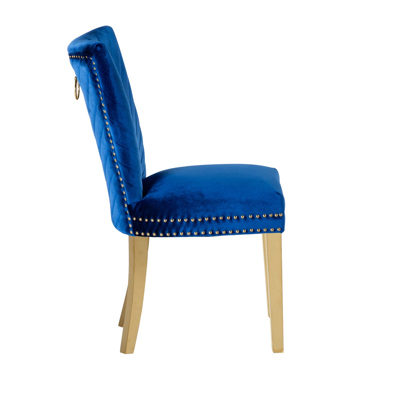 Royal blue velvet accent chair with gold nailhead trim and ring pull
