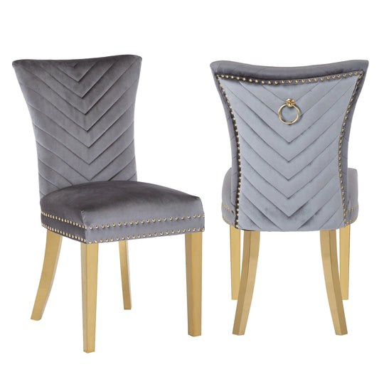 Gray velvet dining chair with chevron pattern and gold legs