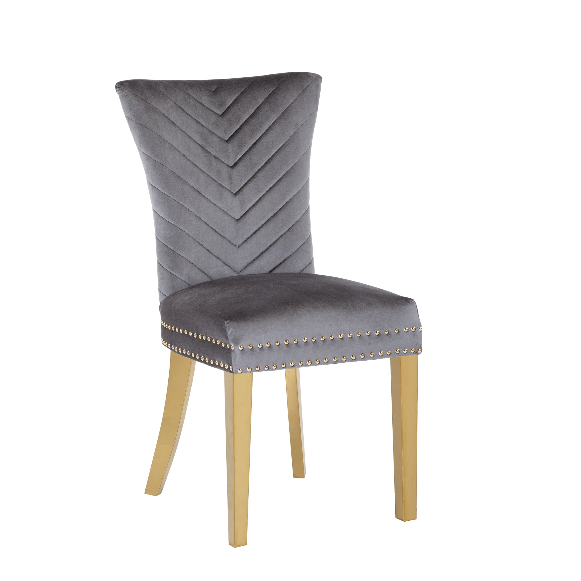 Grey velvet dining chair with chevron stitch and brass nailhead trim gold legs
