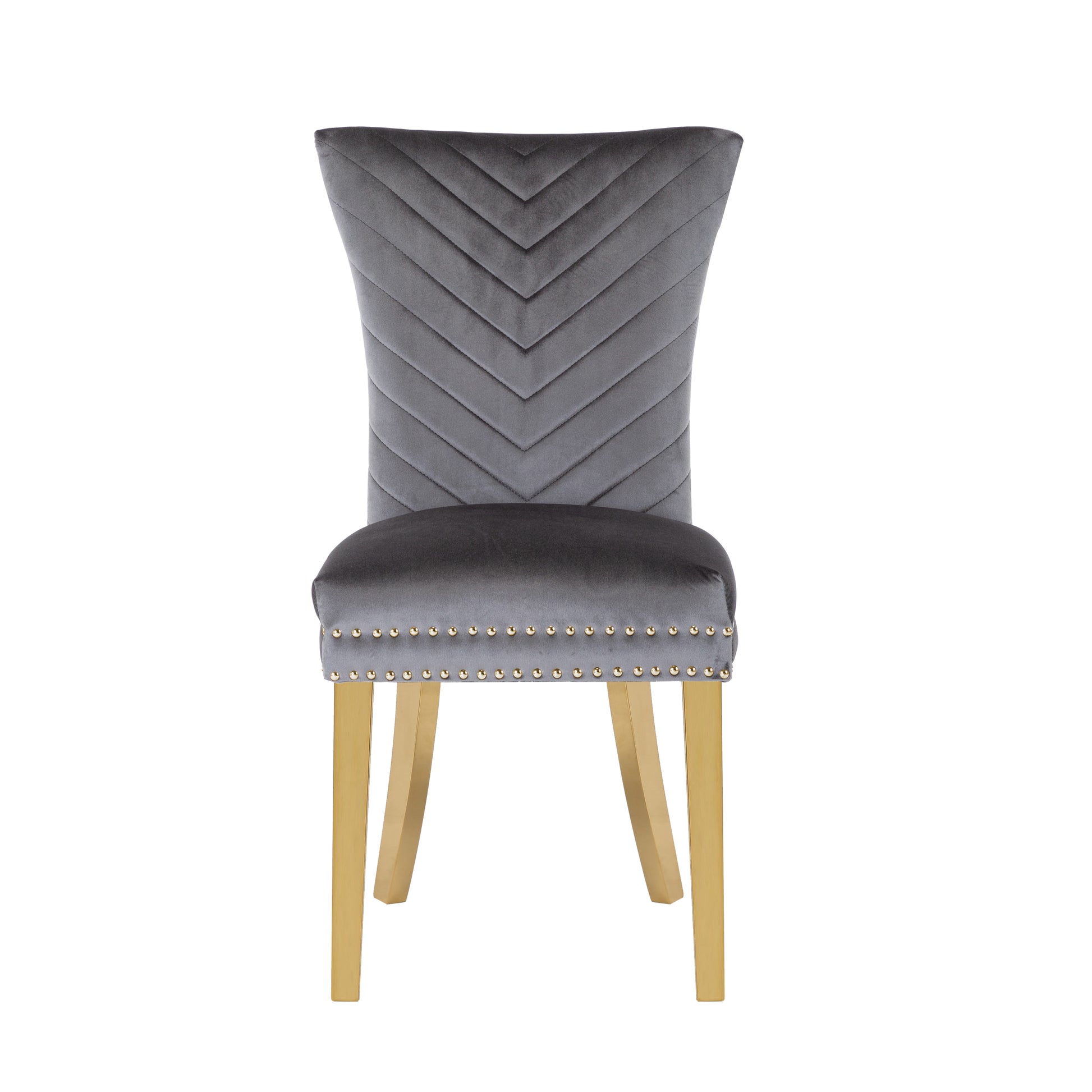 Elegant grey velvet dining chair with chevron backrest and gold nailhead trim