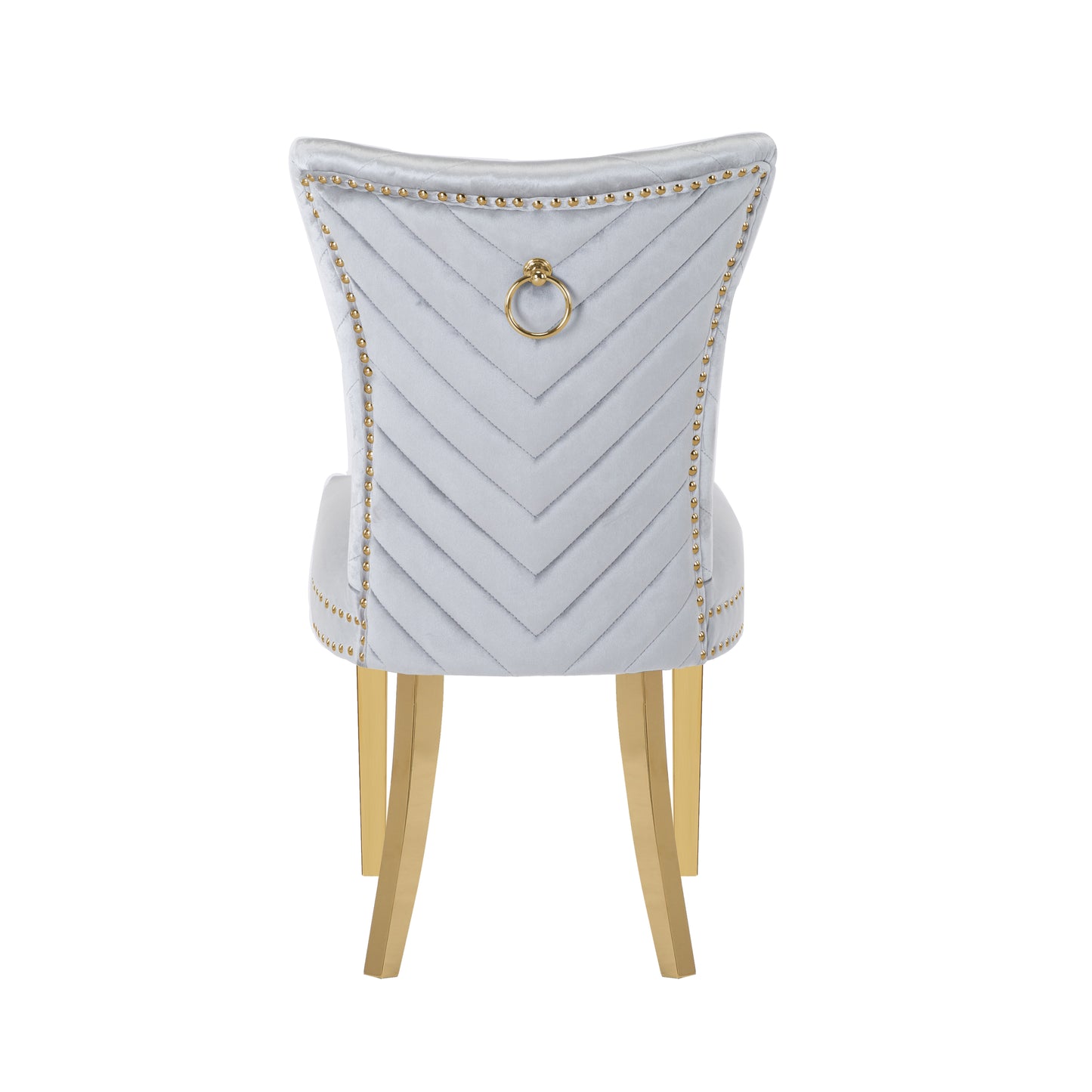 Light grey velvet dining chair with gold ring pull and gold legs