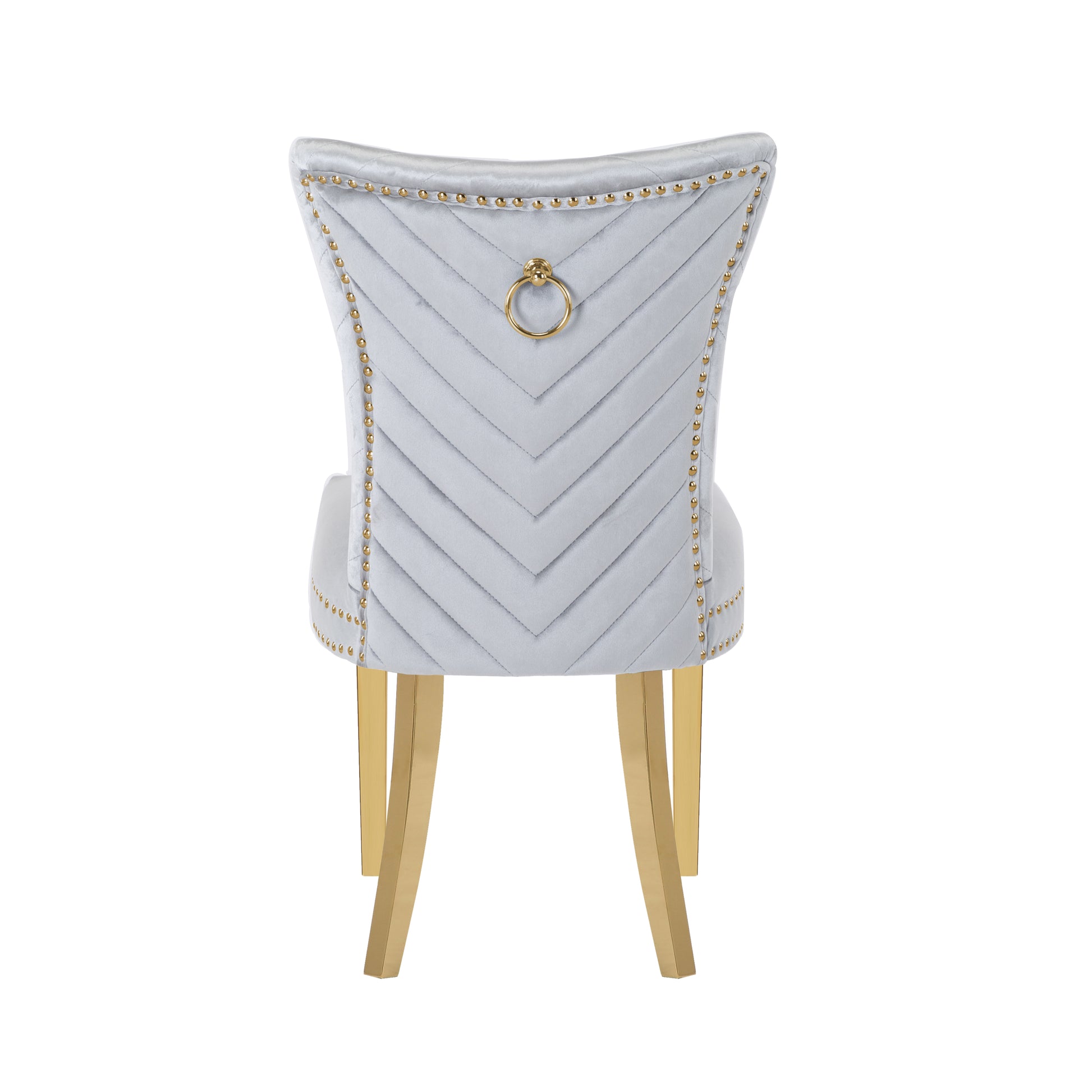 Light grey velvet dining chair with gold ring pull and gold legs