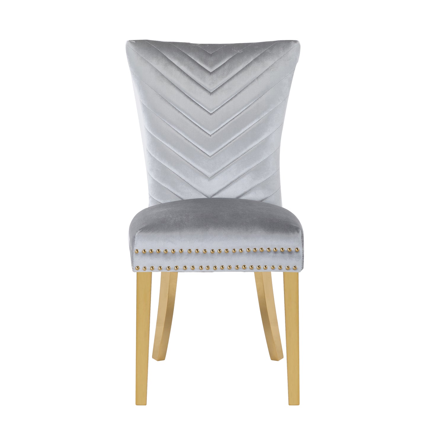 Gray velvet dining chair with chevron stitching and gold legs
