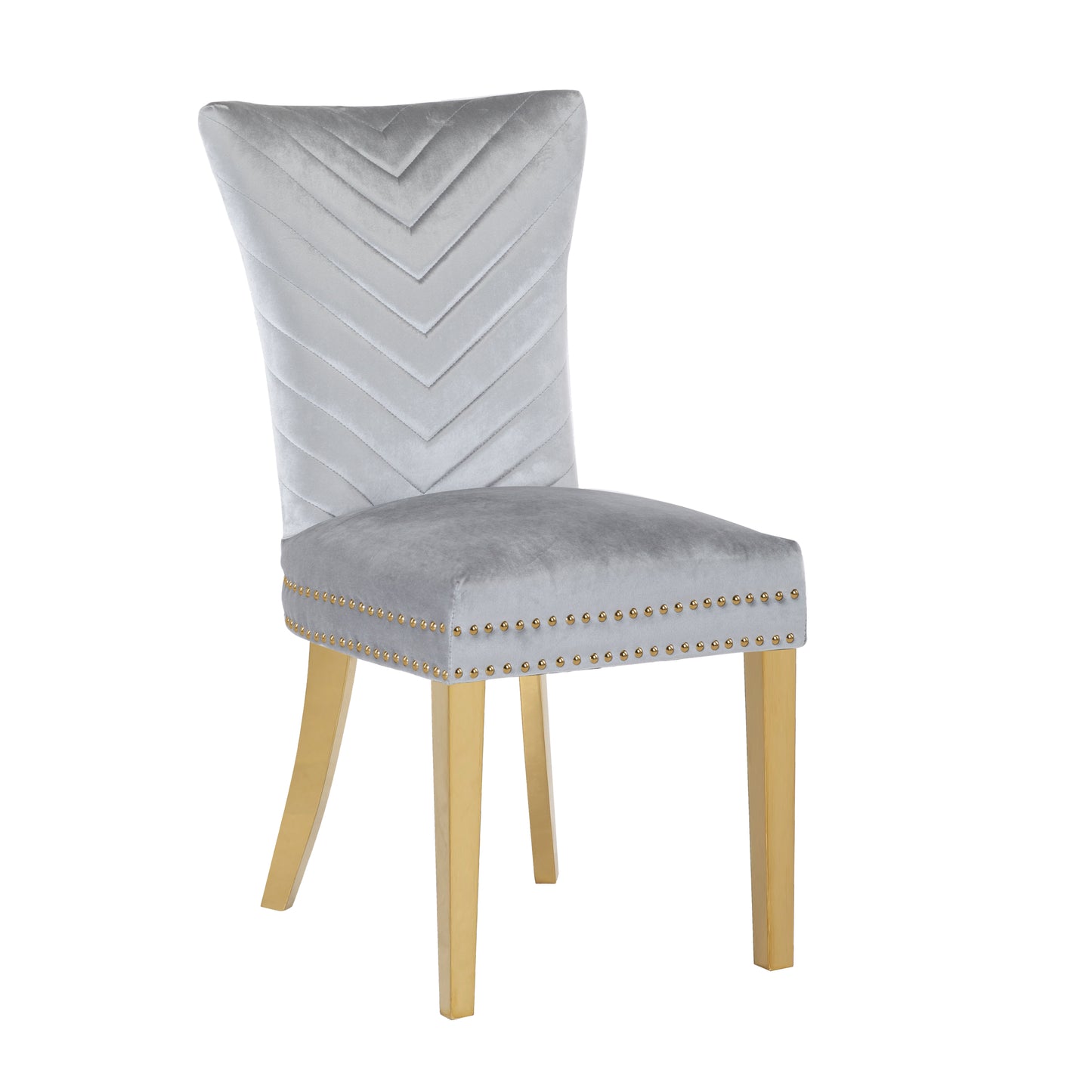 Light gray velvet dining chair with chevron backrest and gold nailhead trim