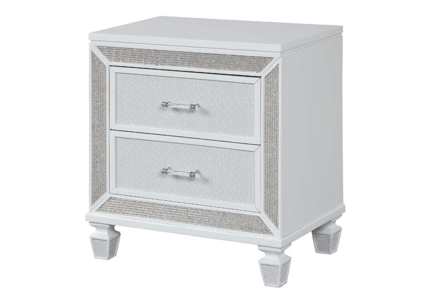 White twodrawer nightstand with crystal accents on drawer fronts and legs