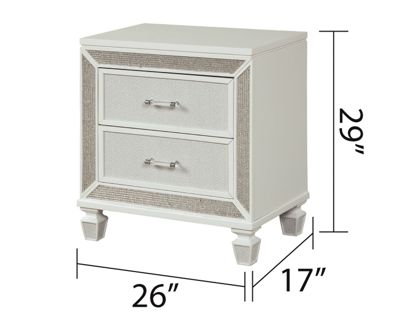 White mirrored nightstand with two drawers and crystallike hardware