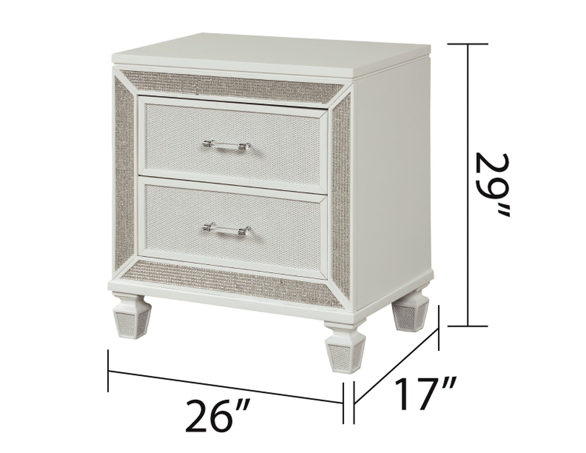 White mirrored nightstand with two drawers and crystallike hardware