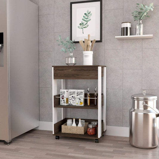 Compact rolling kitchen cart with dark wood top and white frame
