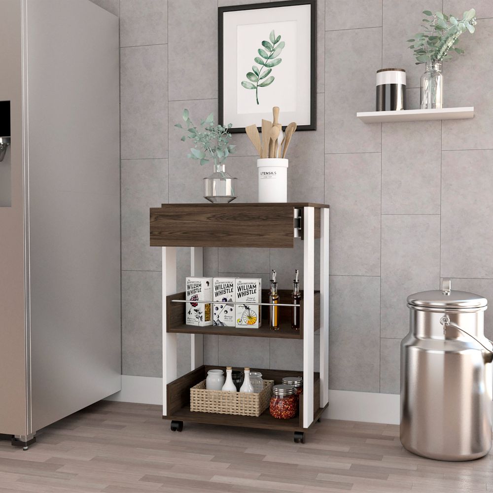 Brown and white kitchen cart with wheels and a drawer