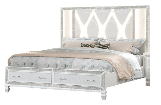 Glamorous white bed frame with crystal accents and builtin LED lighting perfect for a modern bedroom