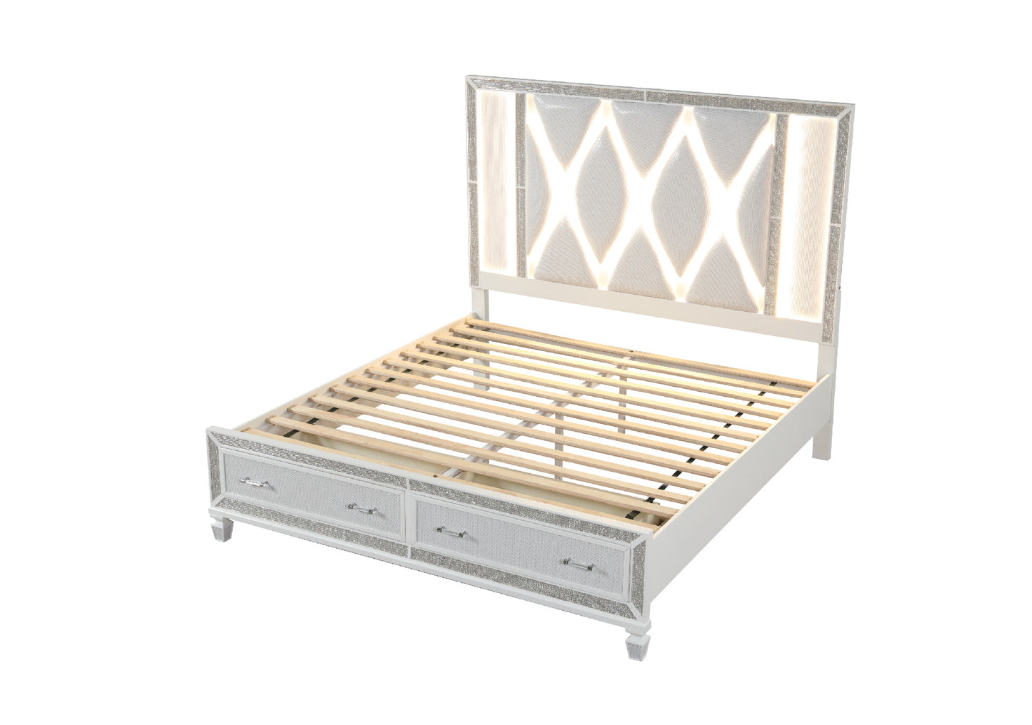 White upholstered platform bed frame with LED headboard and storage drawers
