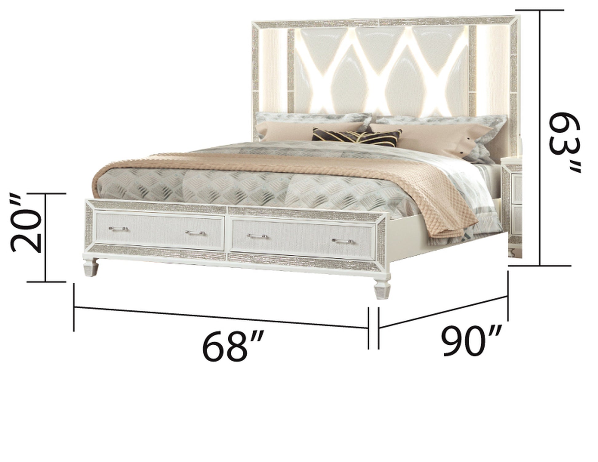 Modern white platform bed frame with crystalembellished headboard and integrated lighting