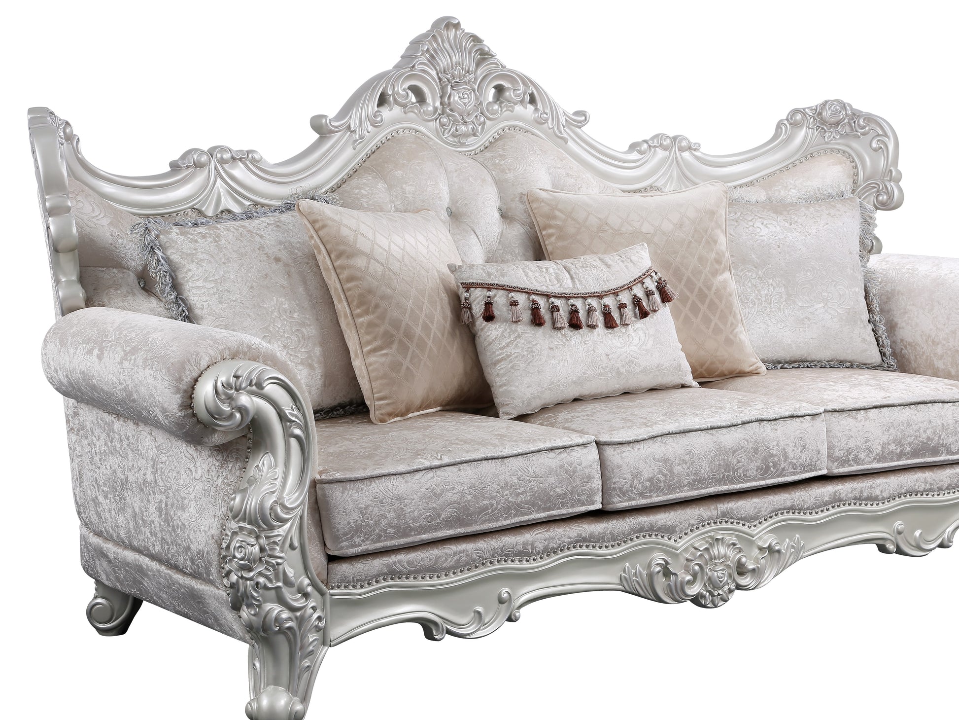 Antique white baroque sofa with ornate carved details and patterned upholstery