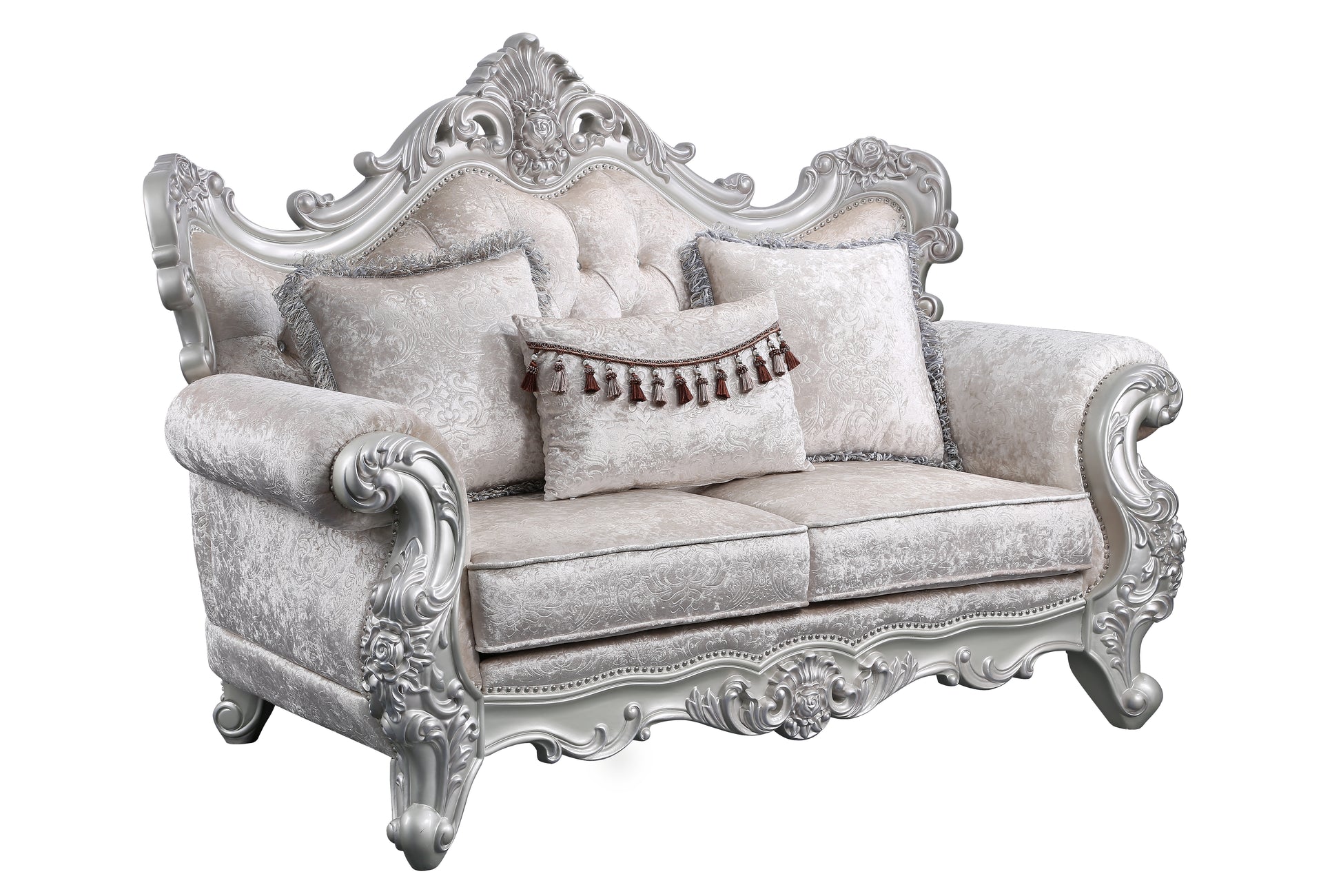 Luxury ornate sofa in silvertone with intricately carved wood trim and damask upholstery