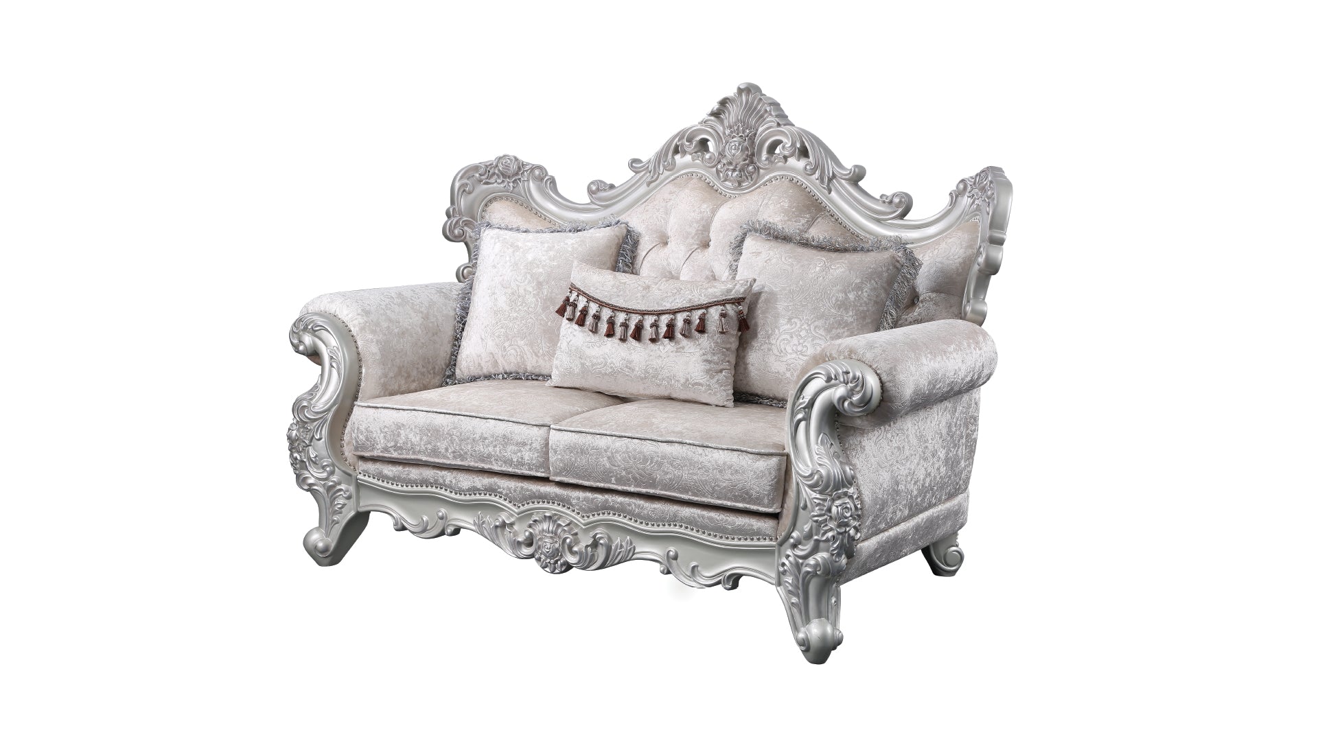 Elegant ivory loveseat with ornate silver carved wood frame and plush velvet upholstery