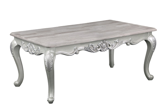 Antique silver ornate coffee table with woodlook top