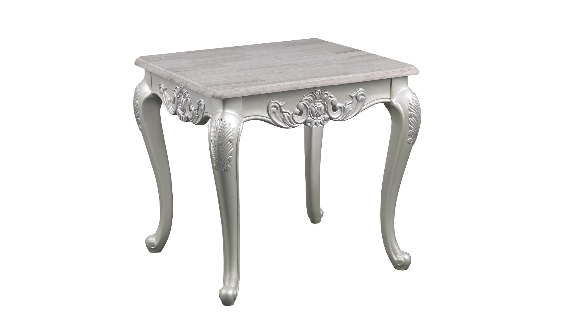 Antique white carved side table with a woodgrain top and cabriole legs