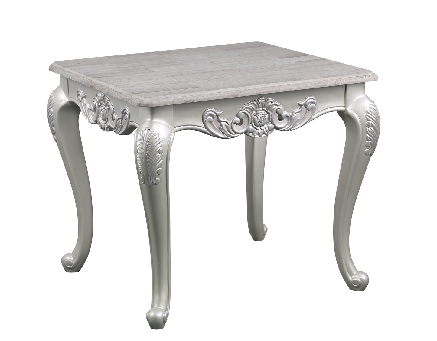 Elegant silver side table with ornate carved legs and a textured top ideal for living rooms