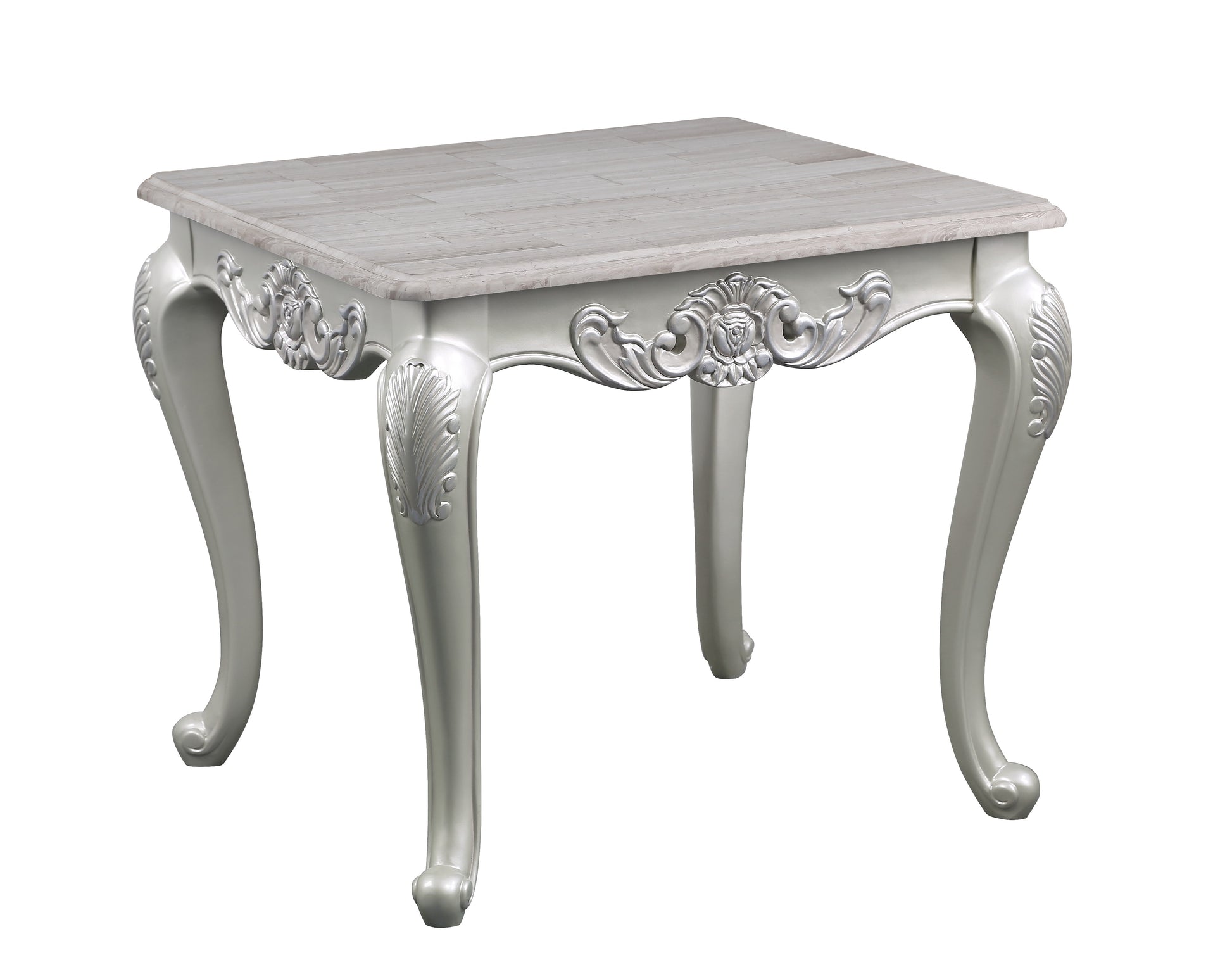 Elegant silver side table with ornate carved legs and a textured top ideal for living rooms