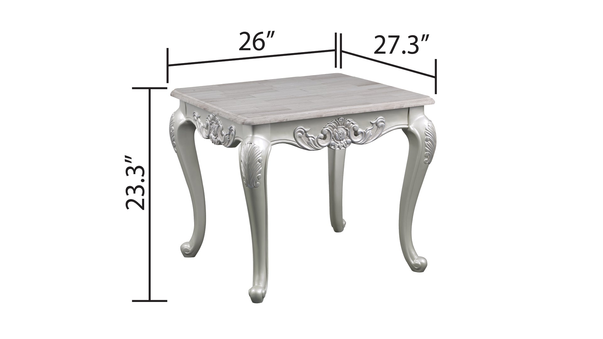 Ornate silver accent table with carved cabriole legs  W x  D x  H