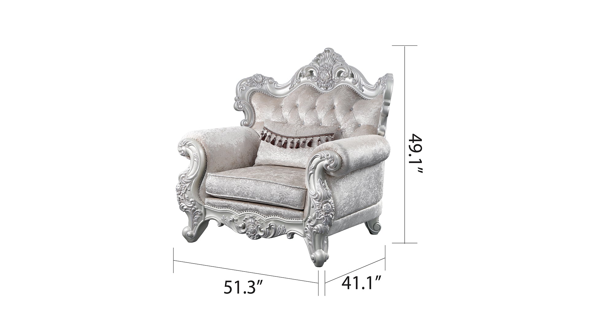 Ornate silver armchair with plush cream upholstery and detailed carvings perfect for a living room