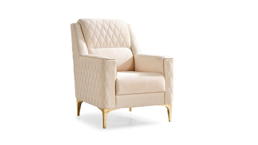 Elegant cream velvet armchair with diamond tufting and gold accents