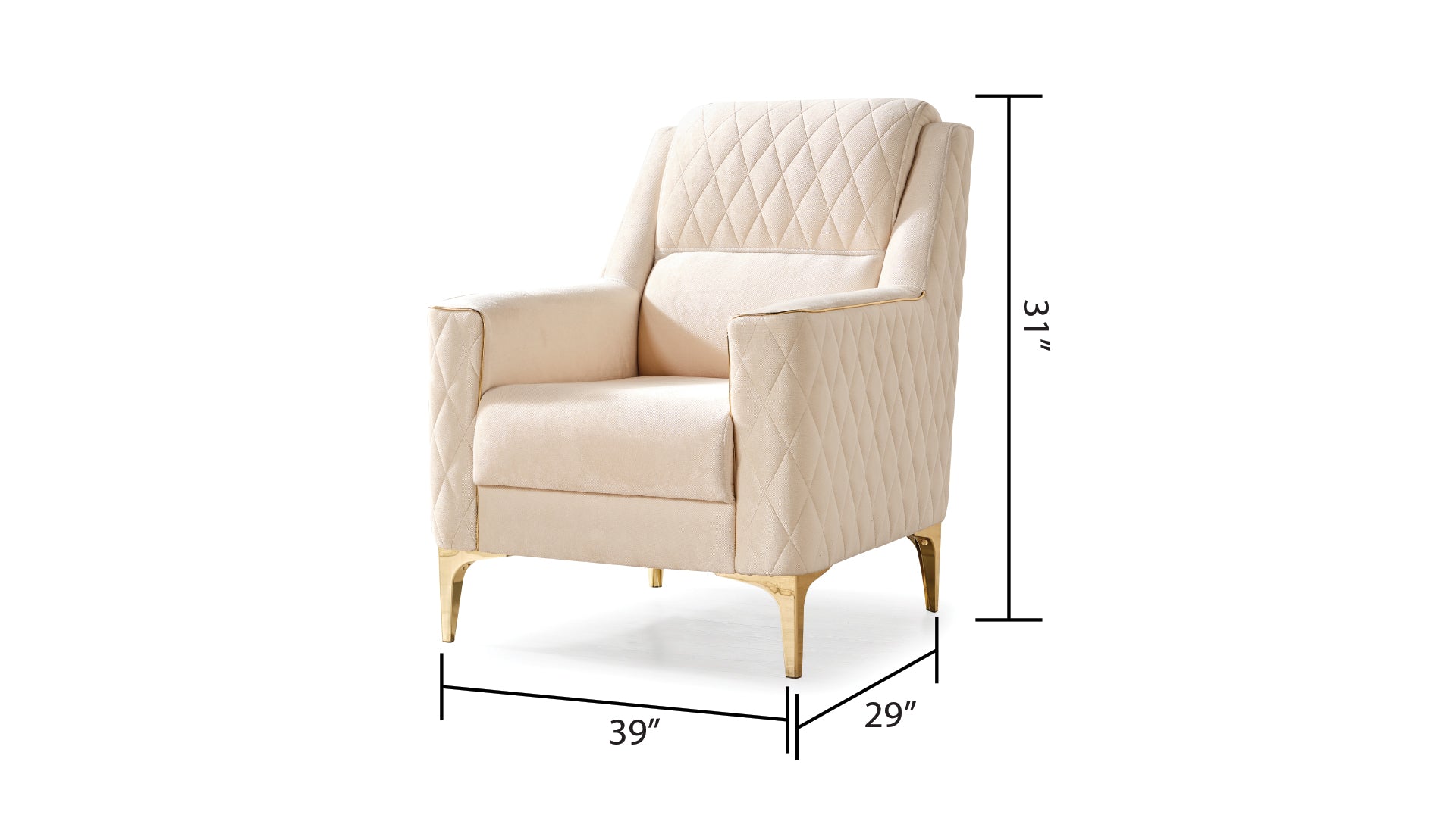 Cream velvet armchair with diamond tufting and gold legs