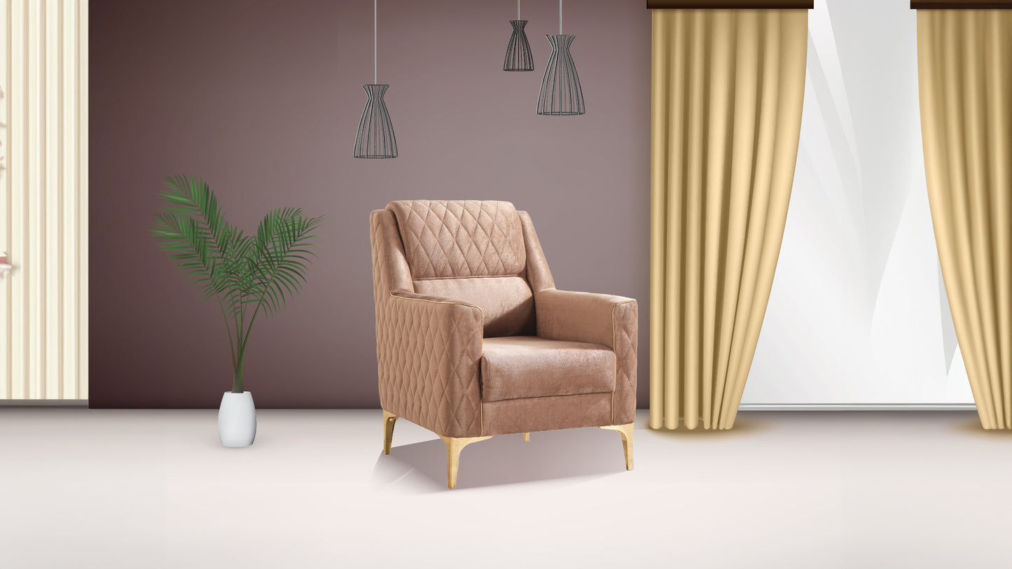 Quilted taupe velvet armchair with diamond stitching and gold legs perfect for a modern living room