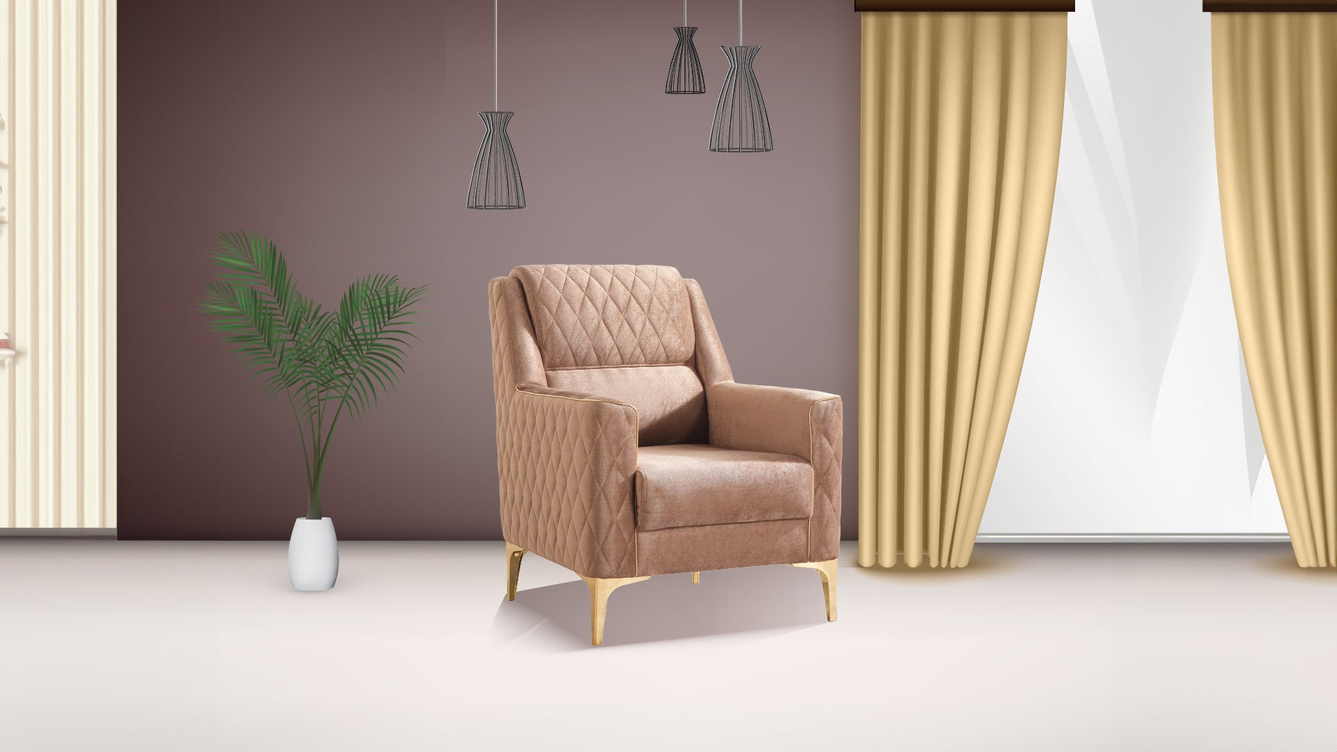 Quilted taupe velvet armchair with diamond stitching and gold legs perfect for a modern living room