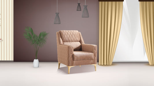 Quilted taupe velvet armchair with diamond stitching and gold legs perfect for a modern living room