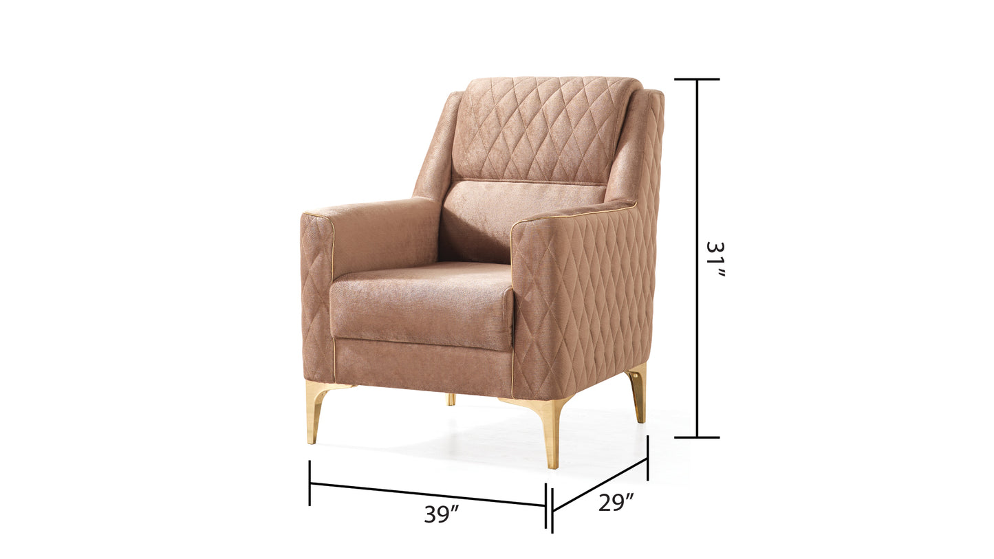 Quilted taupe accent chair with gold trim and tapered legs
