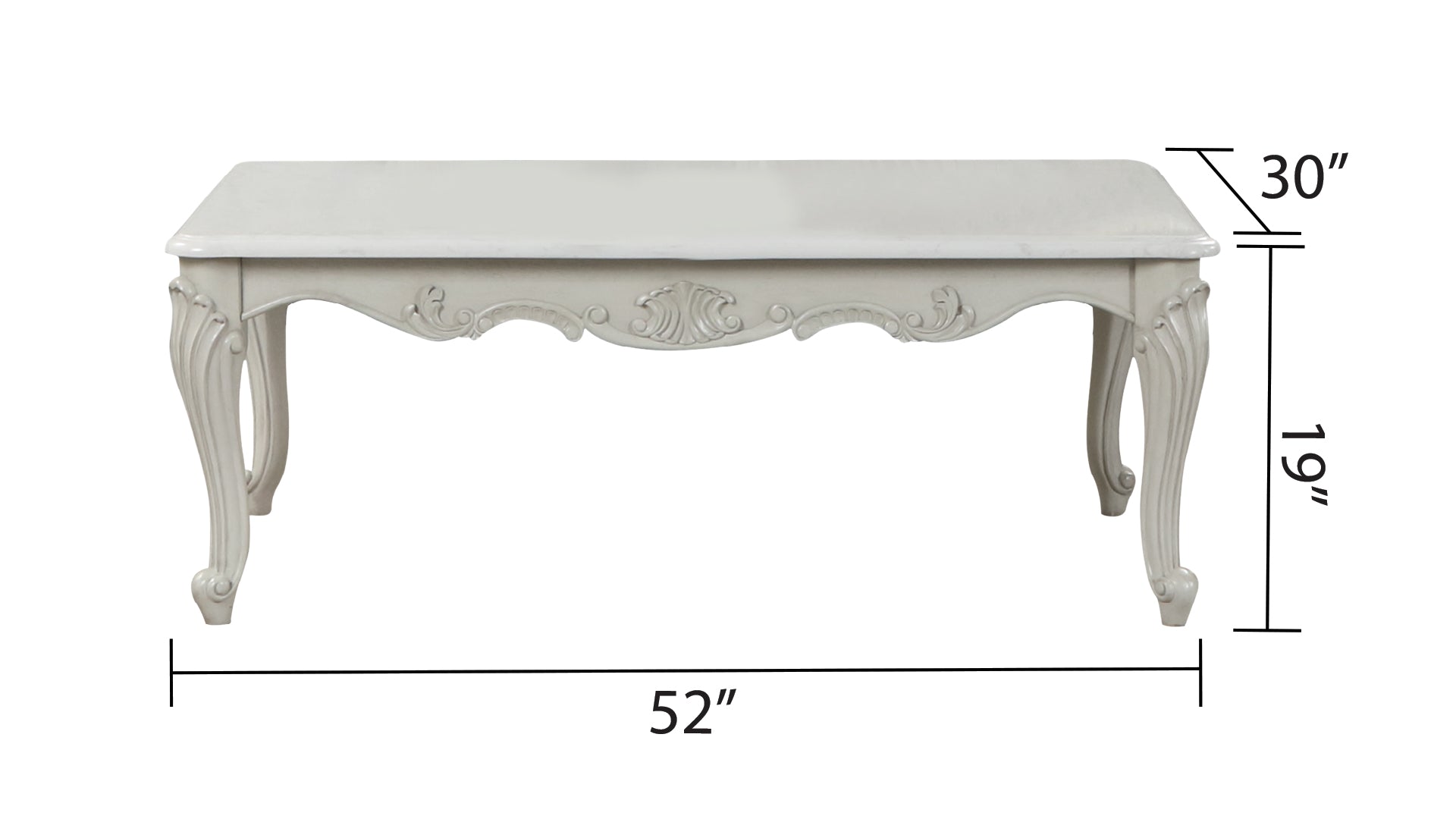 Elegant ivory carved wooden coffee table with cabriole legs and ornate details