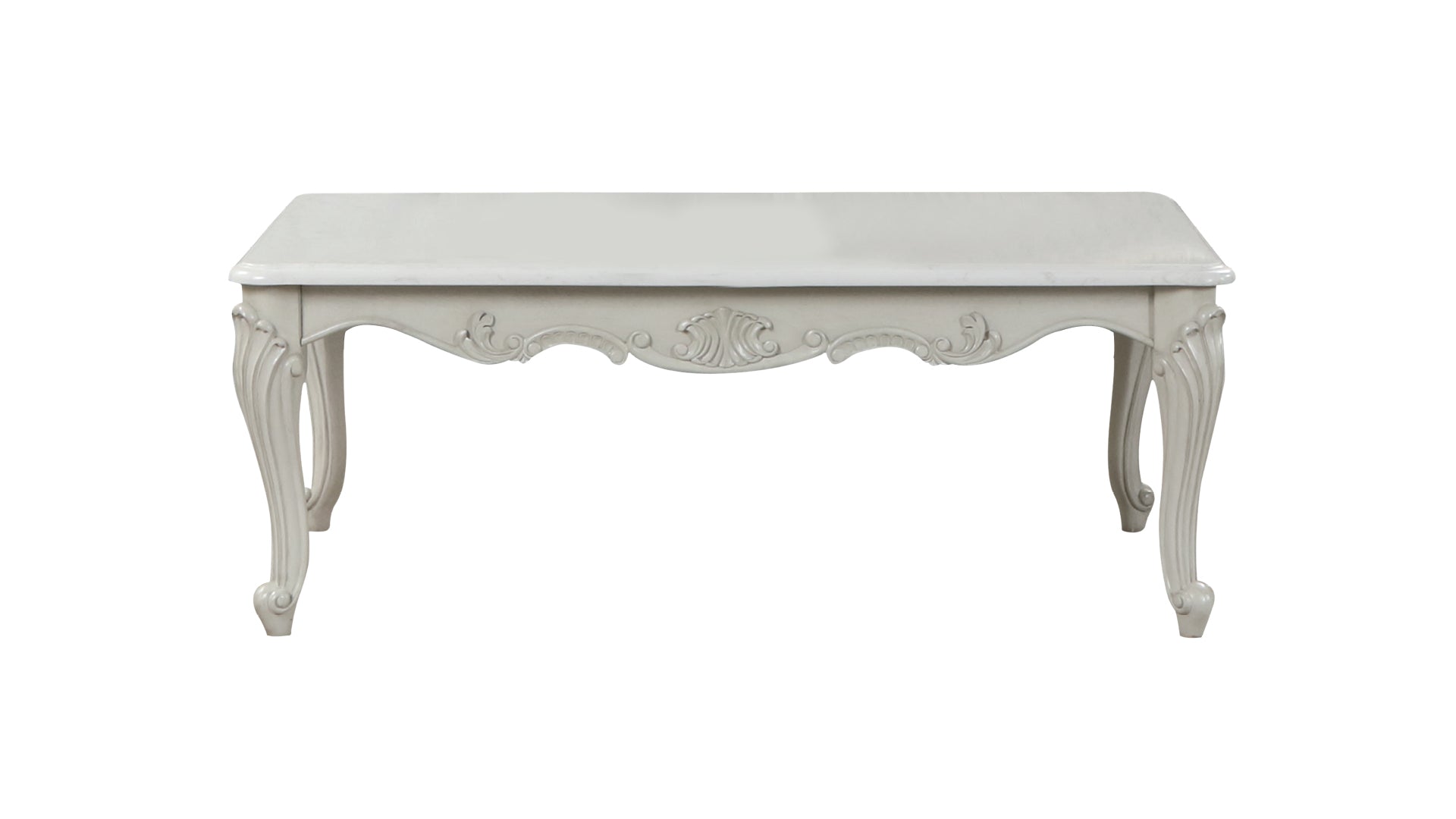 Elegant ornate white coffee table with curved legs and detailed carvings