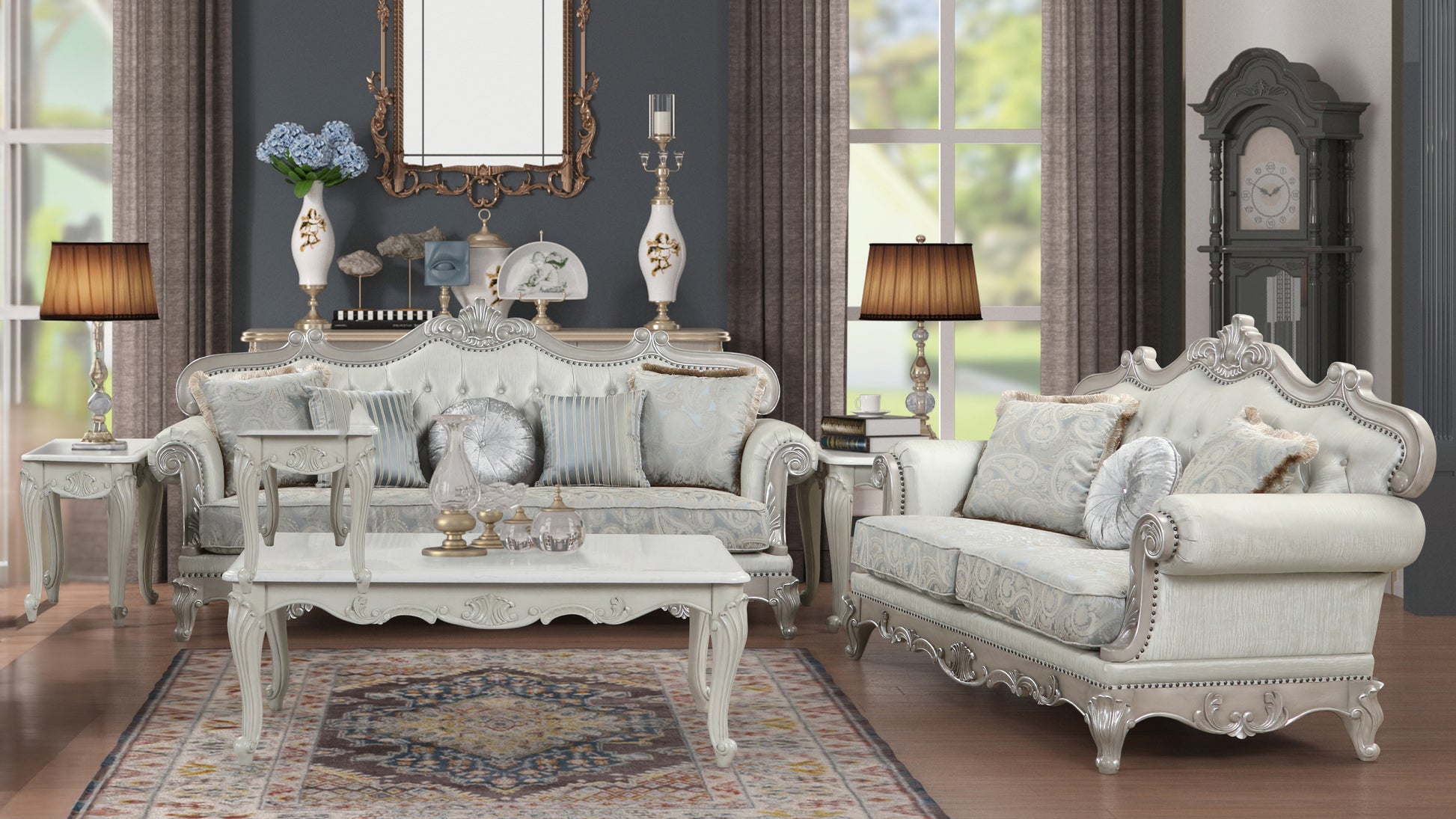 Opulent white ornate sofa with patterned fabric and decorative trim suitable for a formal living room