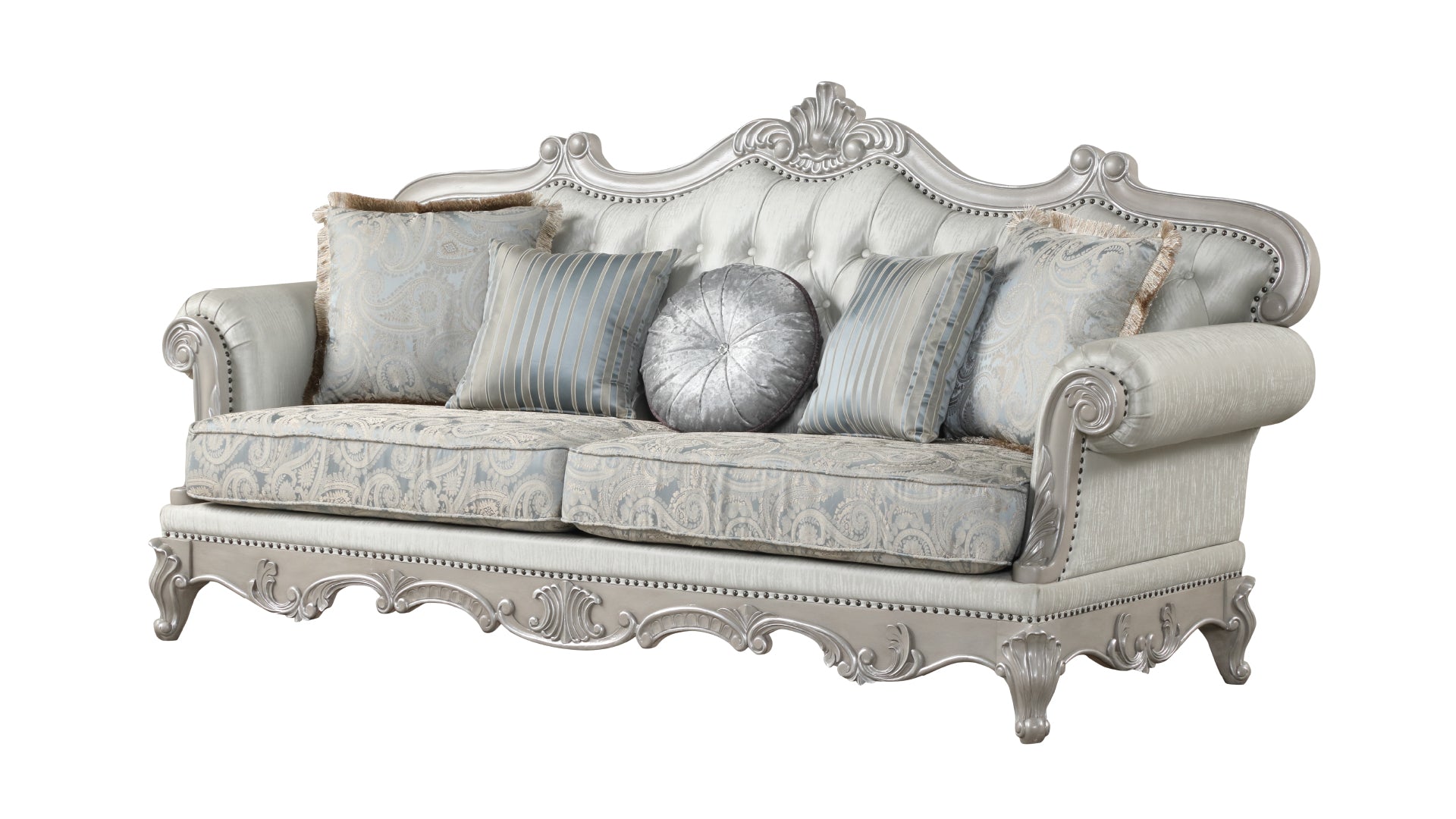 Elegant silver ornate sofa with plush blue and silver paisley cushions for living room decor