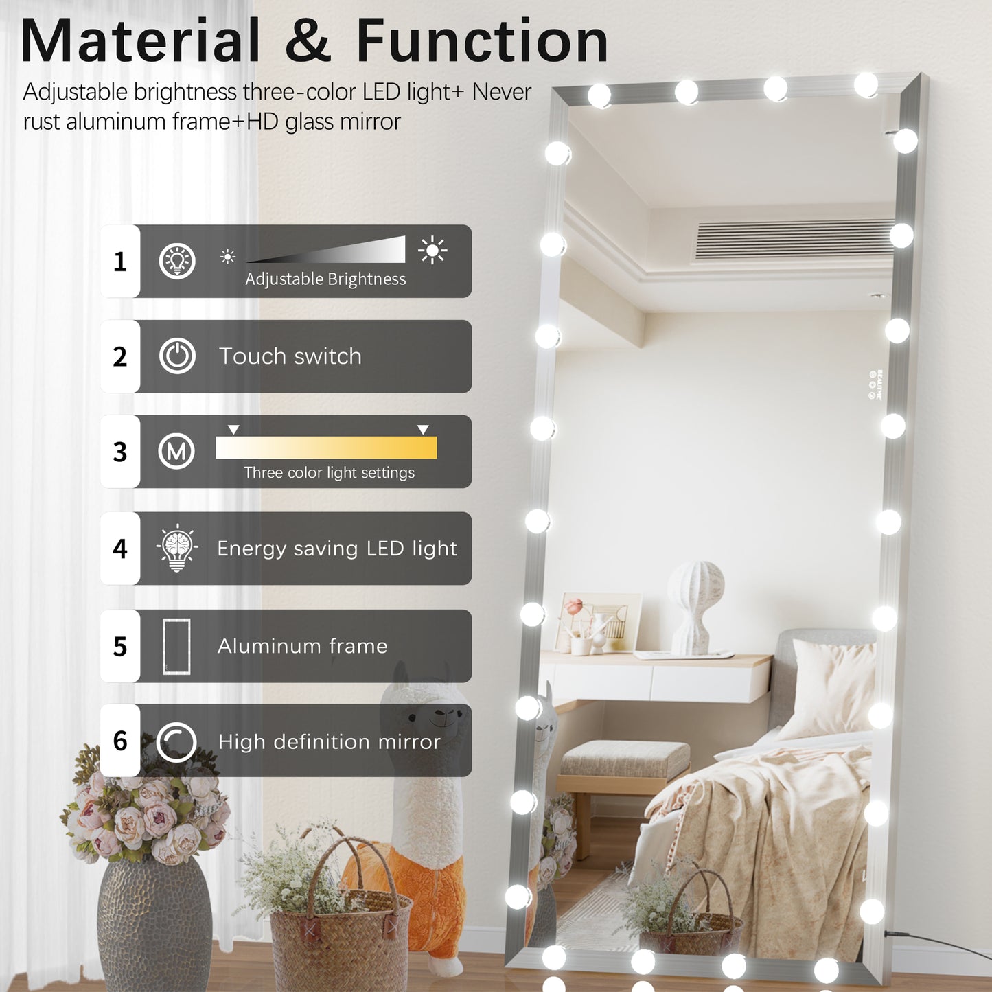 Hollywood vanity mirror with adjustable brightness LED lights