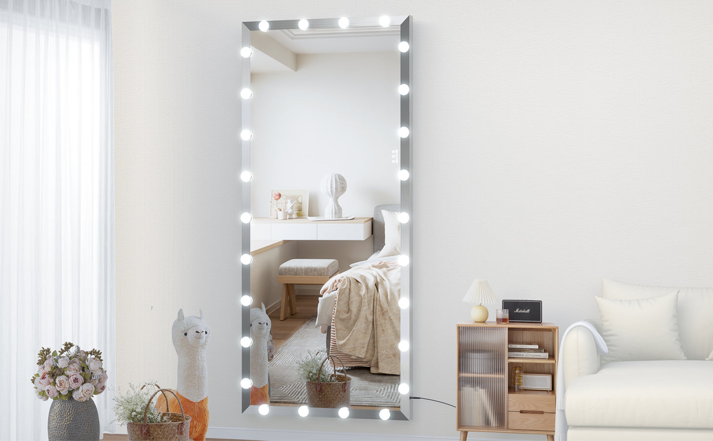 Fulllength lighted vanity mirror with silver frame and  bulbs for makeup application