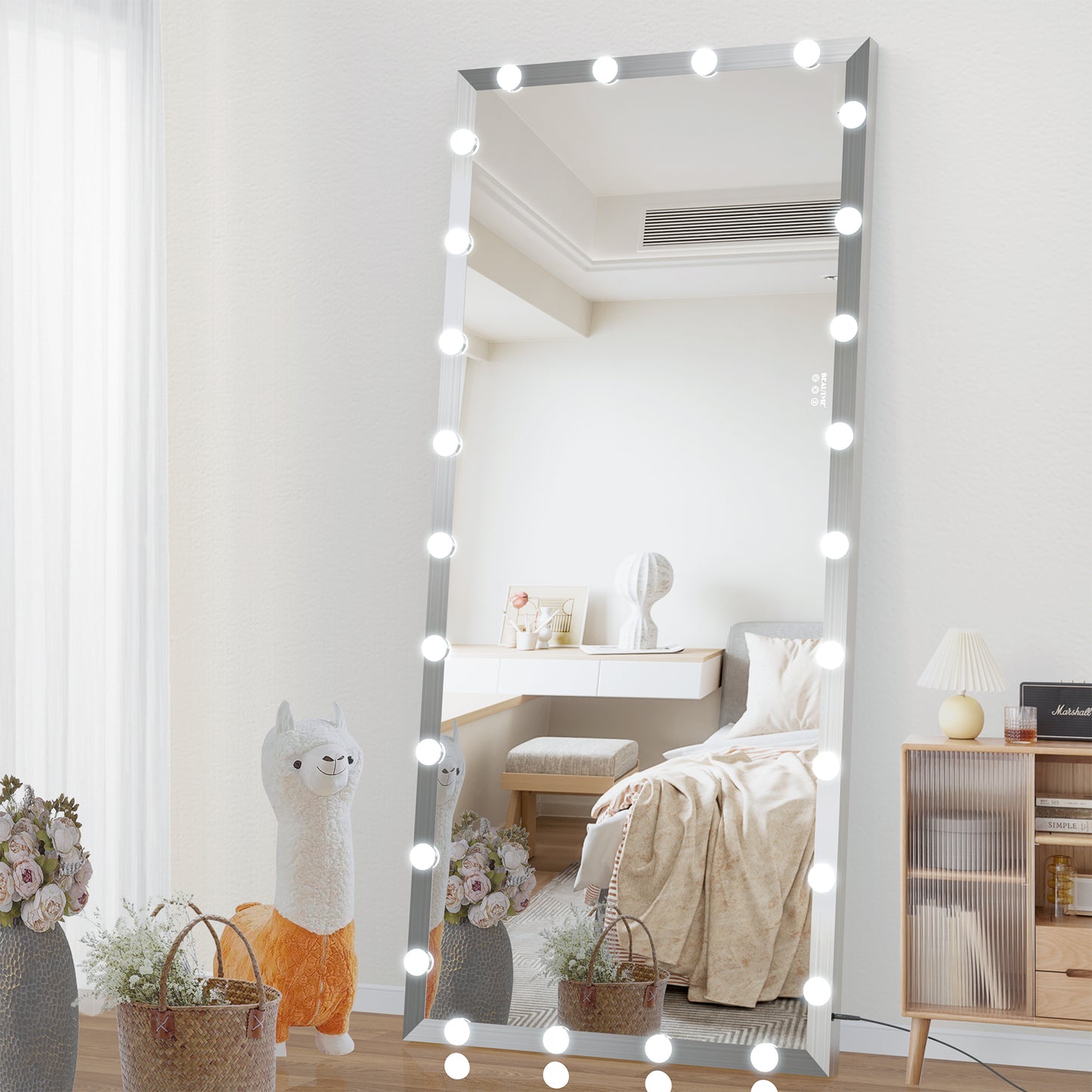 Fulllength silver vanity mirror with  illuminated bulbs