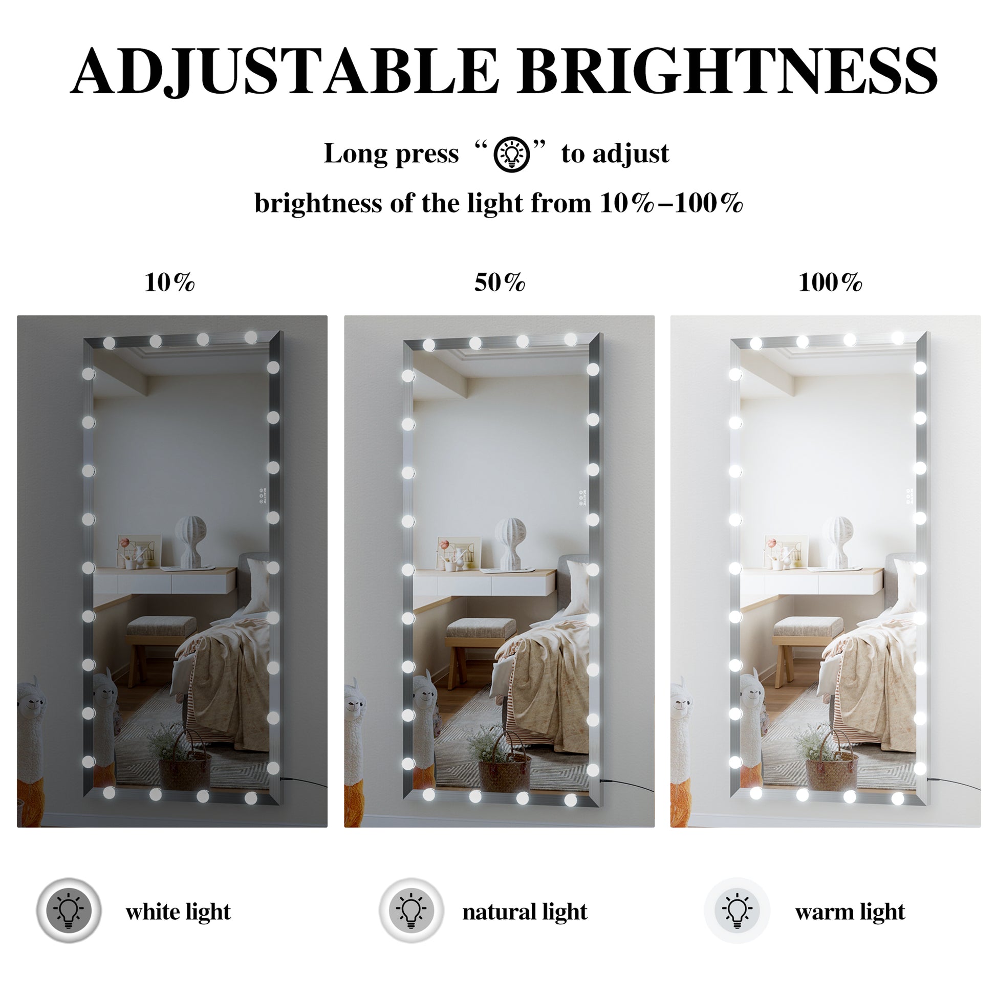 Hollywood vanity mirror with adjustable brightness