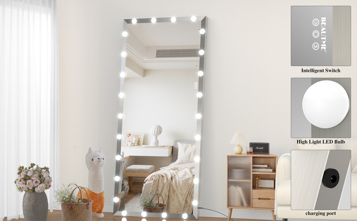 Fulllength lighted vanity mirror with  LED bulbs perfect for makeup application