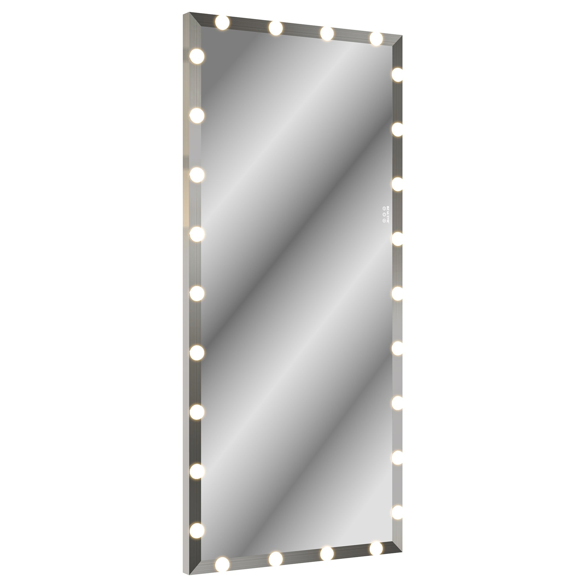 Tall vanity mirror with Hollywood lights and brushed metal frame