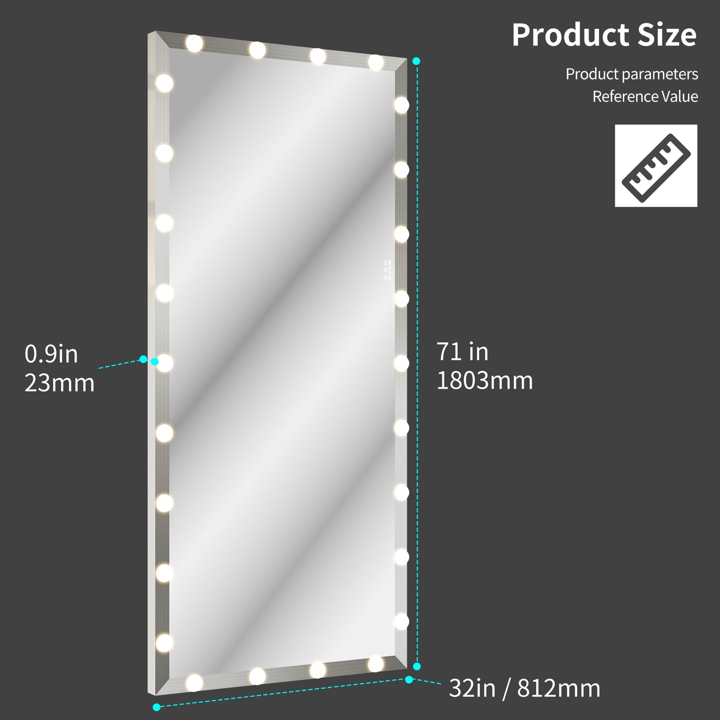 Fulllength vanity mirror with Hollywood lights and grey frame