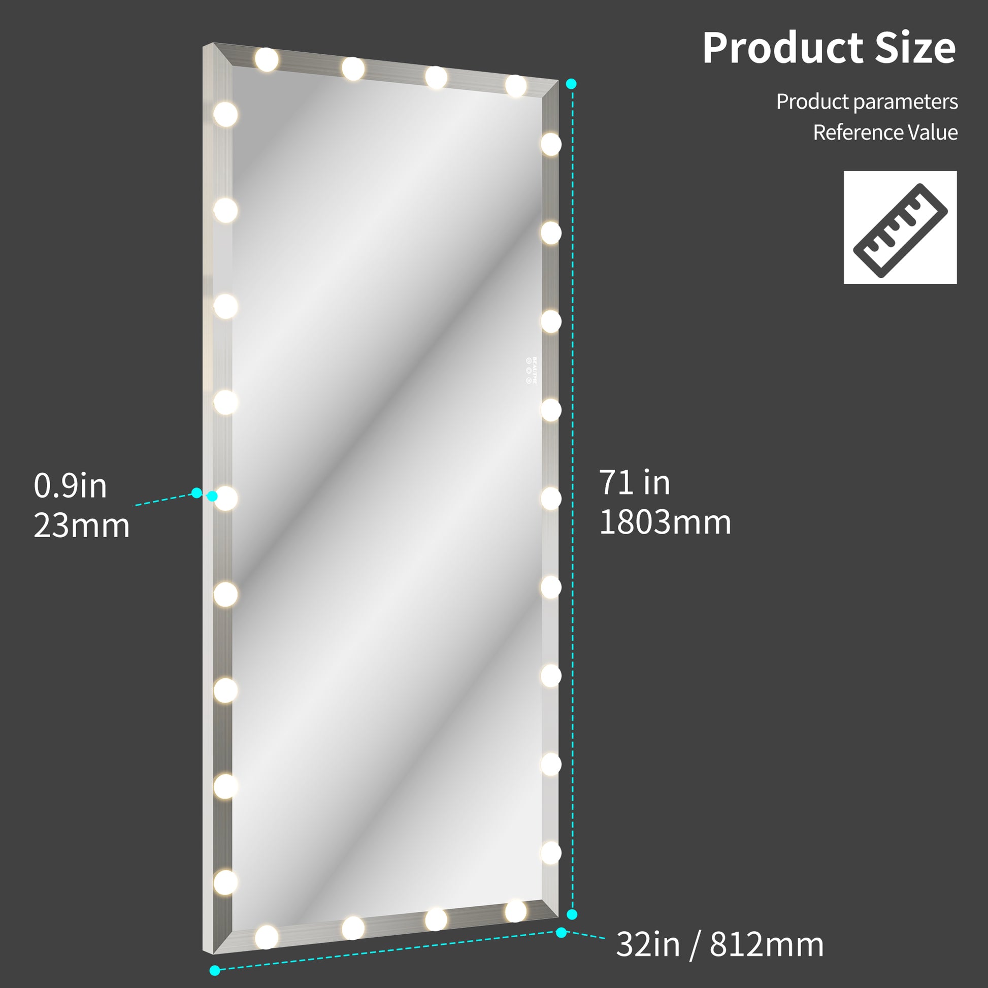 Fulllength vanity mirror with Hollywood lights and grey frame