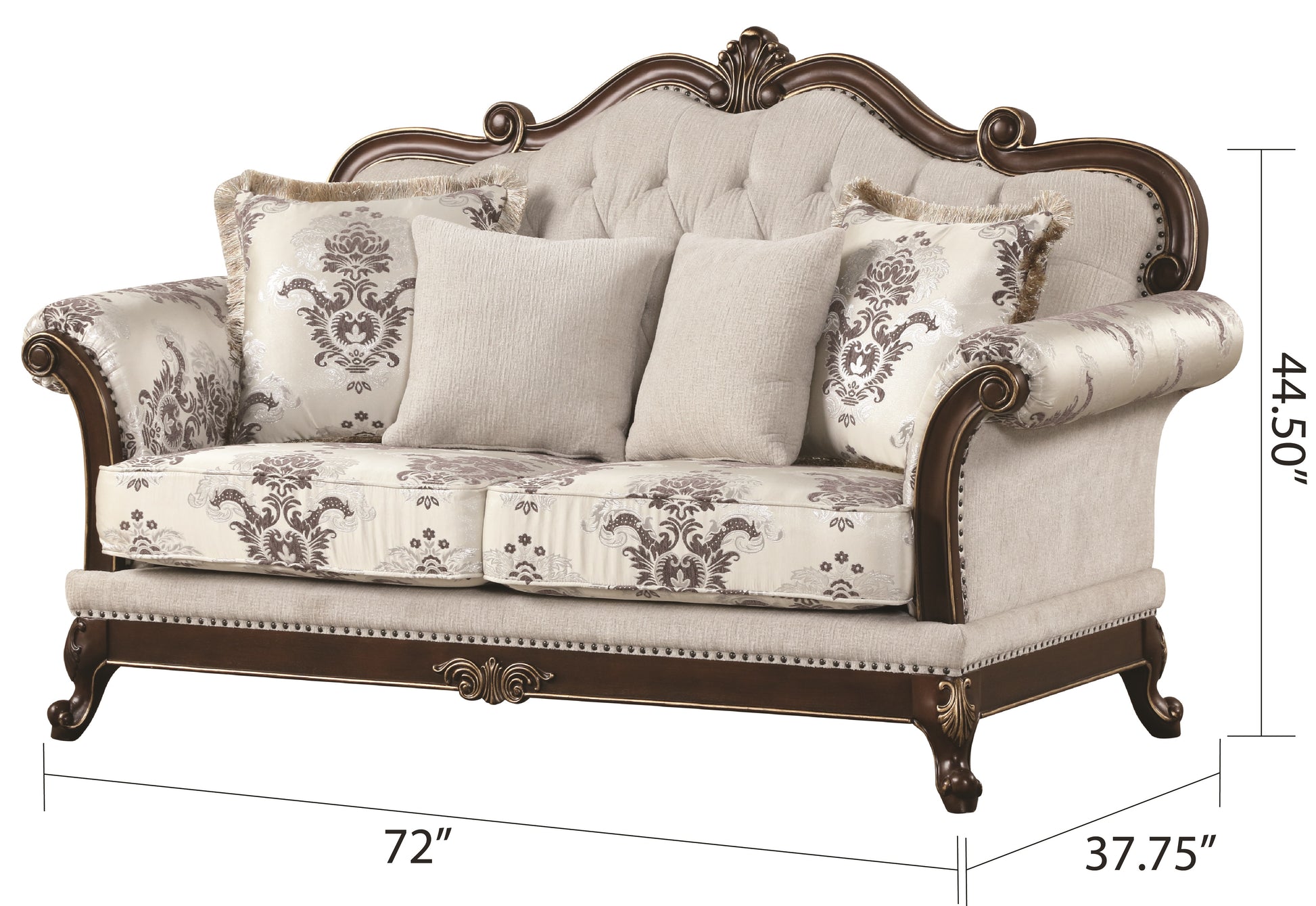 Ornate tufted loveseat with damask pattern upholstery and dark wood trim perfect for a classic living room