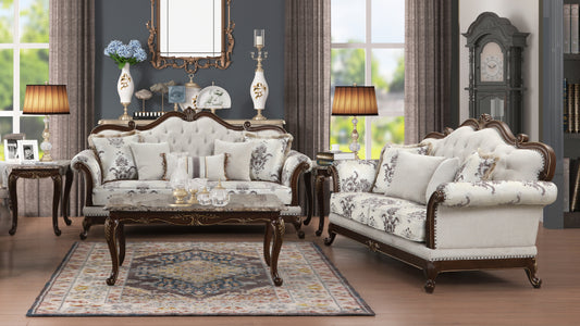 Ornate tufted sofa with damask upholstery and dark wood trim for a luxurious living room