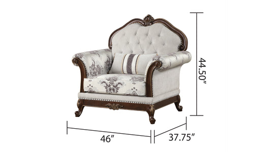 Tufted back accent chair with ornate floral patterned upholstery and dark wood trim