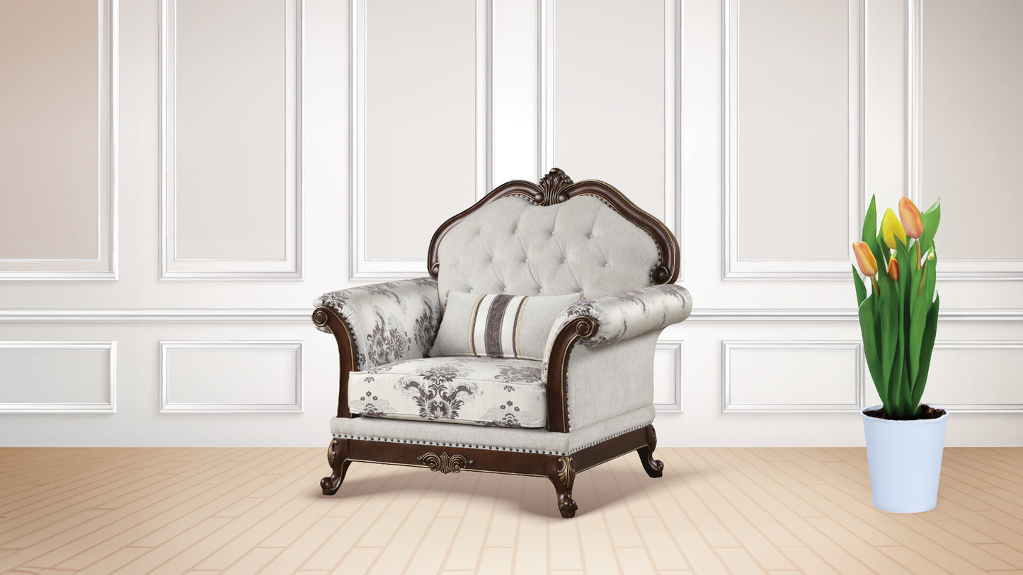 Luxurious tufted armchair with ornate dark wood frame and damask upholstery