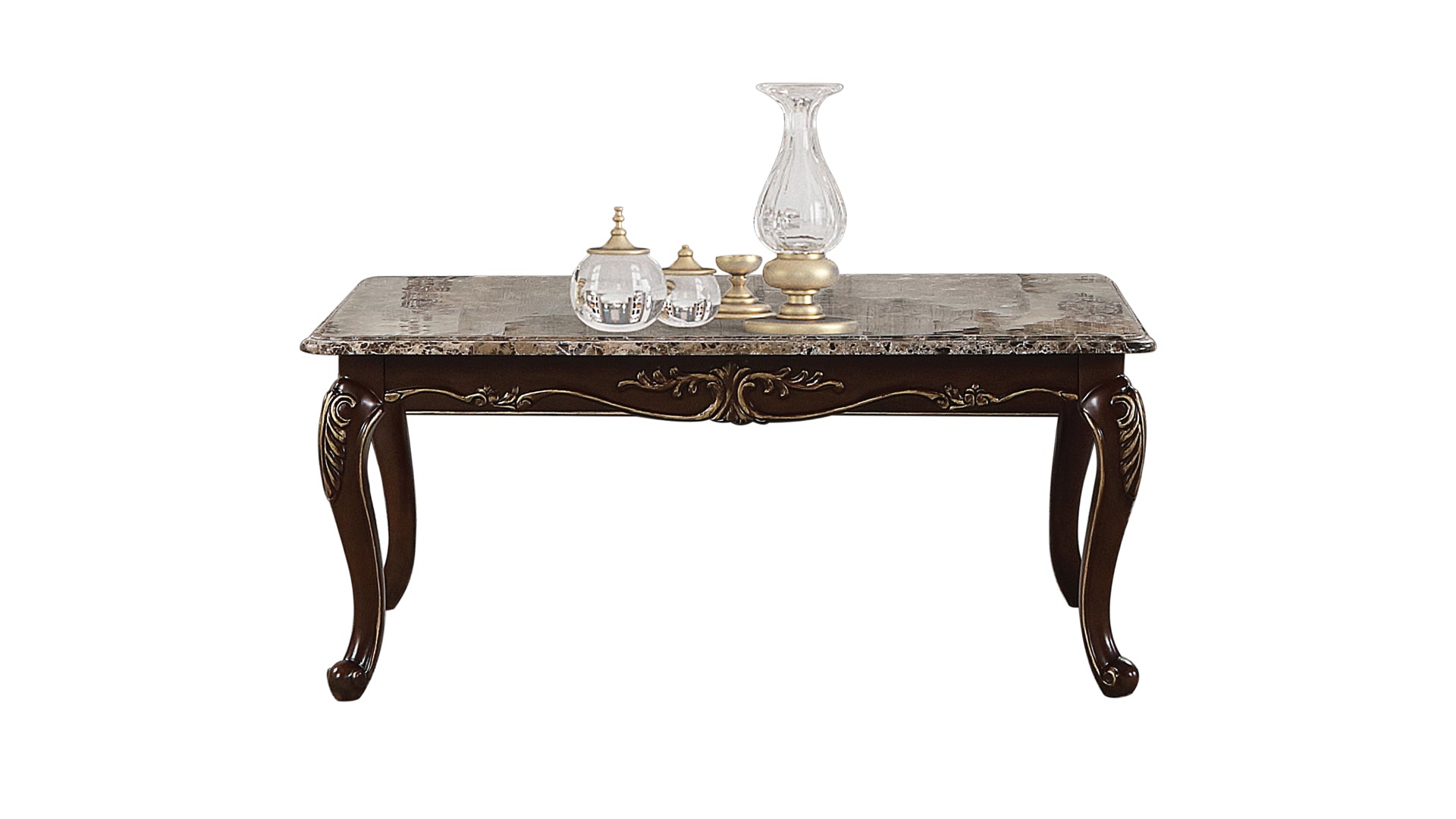 Ornate dark wood coffee table with marble top and decorative carved legs