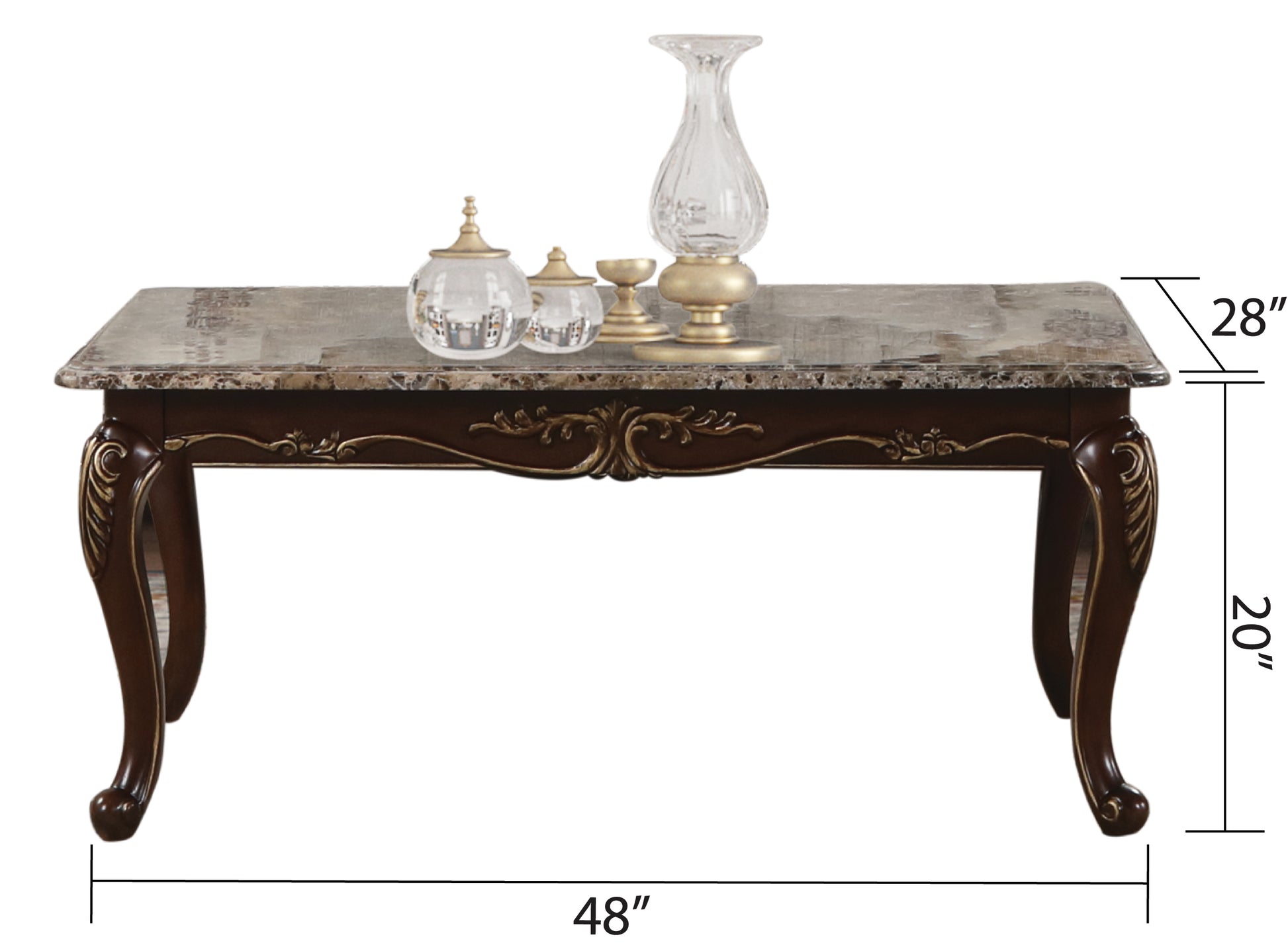 Ornate coffee table with marble top dark wood finish and gold accents L x W x H